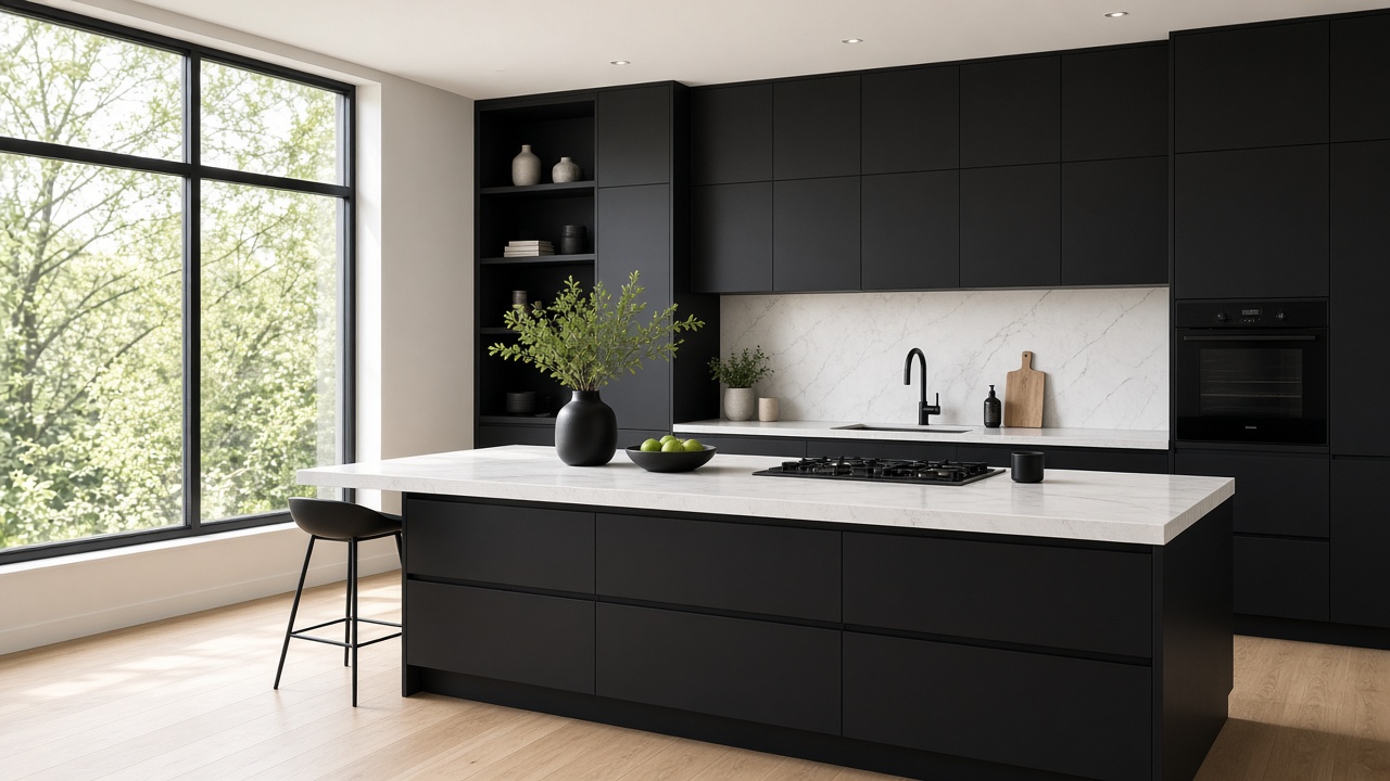 Dark modern kitchen with a black island