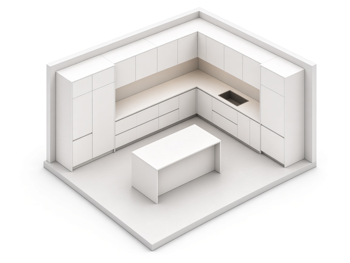 3D L-shaped kitchen layout