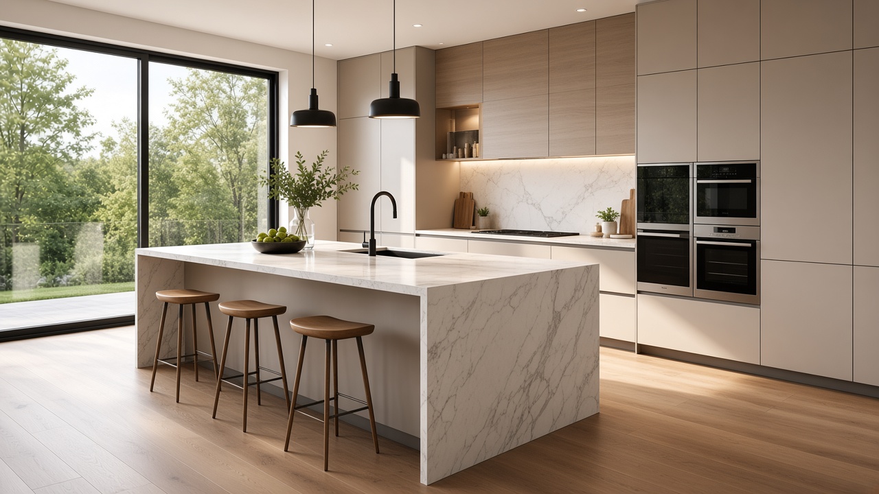 Bright modern kitchen with a marble island