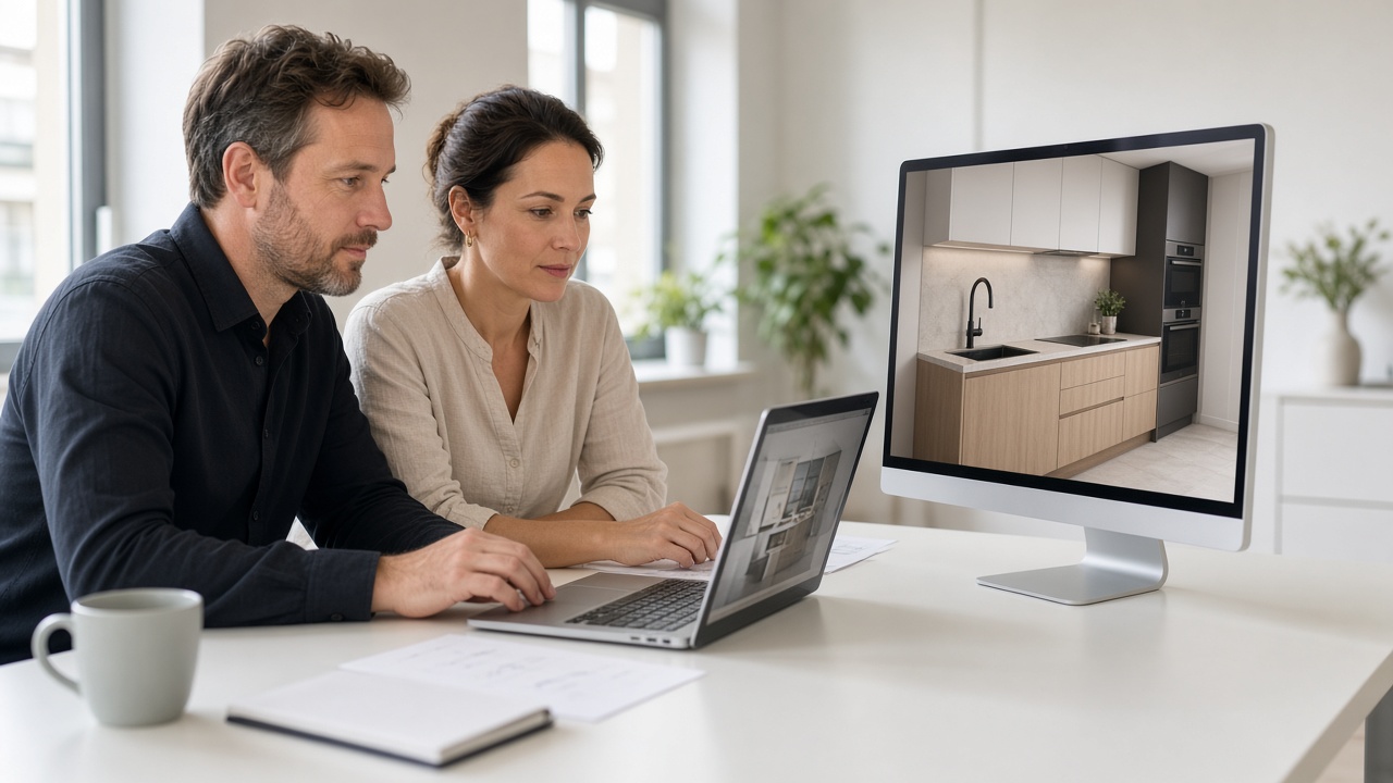 Two kitchen designers reviewing a 3D layout on a monitor
