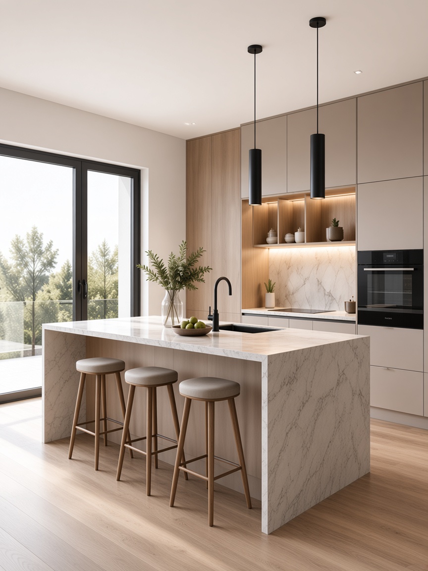 Modern kitchen with a marble island